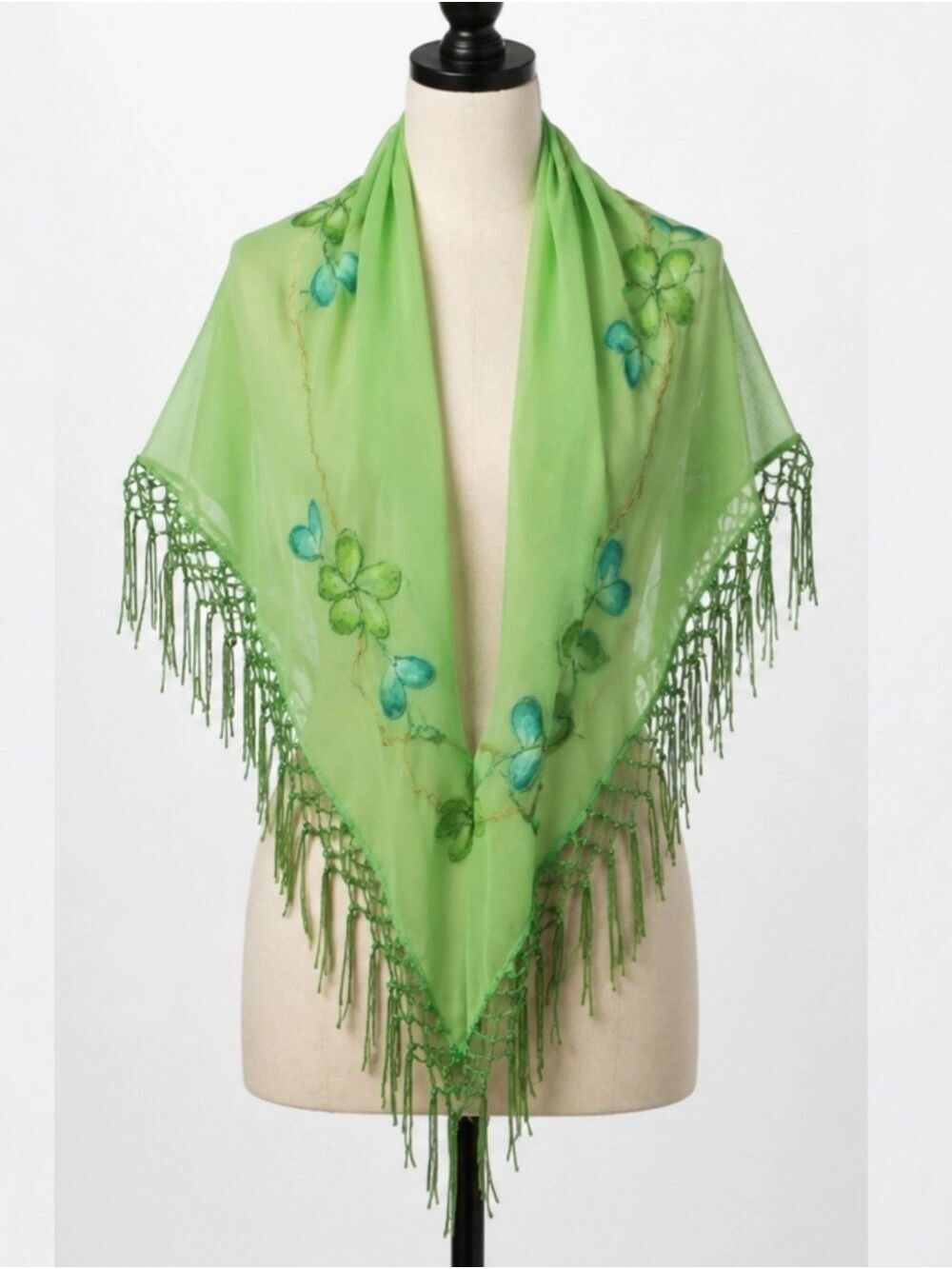 Rima Handpainted Green Floral Triangle Scarf Chiffon Terivoile Fringe